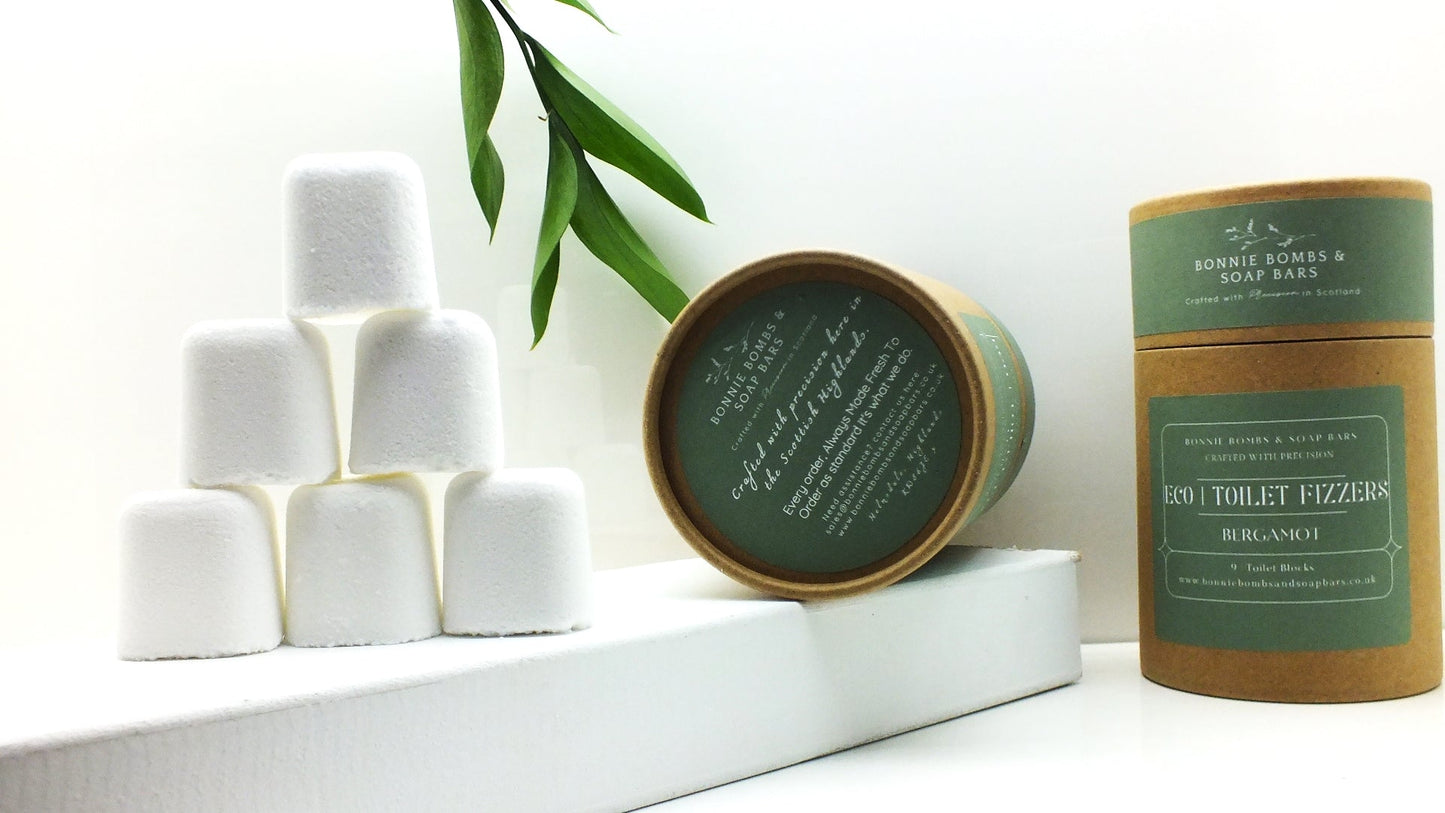 Eco friendly bergamot toilet cleaning bombs in plastic-free packaging – natural toilet cleaner.
